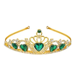 Golden princess crown tiara with green heart crystals and sparkling rhinestones for girls