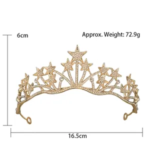 Golden star crown with rhinestones for parties, size 16.5x6cm, weight 72.9g