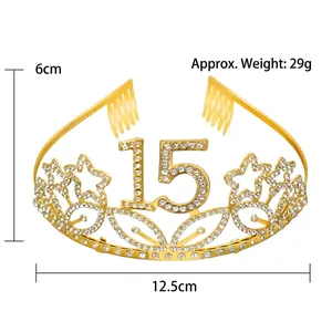 Golden 15th birthday crown tiara with sparkling rhinestones and hair combs 12.5x6cm