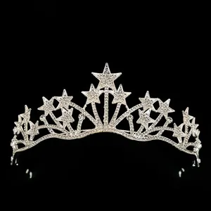 Elegant silver star crown tiara with sparkling rhinestones for wedding and party