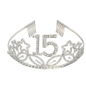 Silver crystal tiara crown with number 15 and star design for birthday party