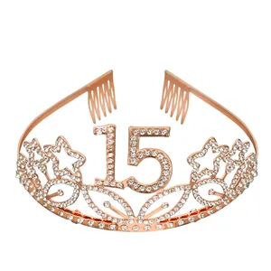 Detail of rose gold number 15 crown headband with rhinestones for birthday party