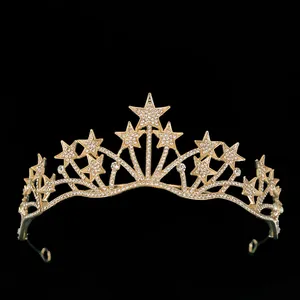 Luxurious gold star crown tiara with sparkling rhinestones for bridal party hair decor