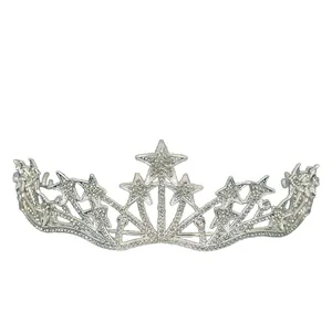 Sparkling silver five-point star tiara with white rhinestones for wedding and party