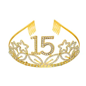 Detailed view of 15th birthday golden rhinestone crown with sparkling number fifteen