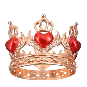 Rose gold alloy crown with red heart gems and white rhinestones for party decoration