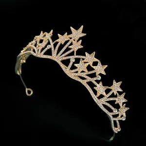 Macro shot of gold alloy star crown with sparkling rhinestones on black background