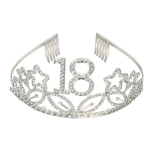 Close-up of 18th birthday crown with silver rhinestones and anti-slip comb detail