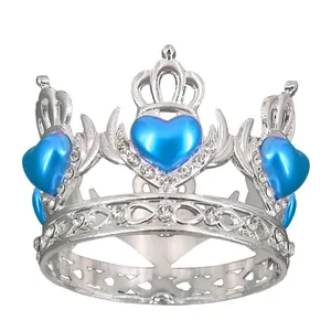 Silver alloy crown ring with blue heart stones and sparkling white rhinestones