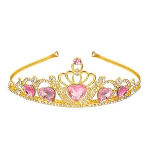 Golden princess tiara for girls featuring pink heart gemstones and sparkling rhinestones