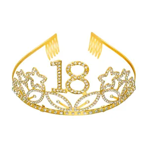 Sparkling gold 18th birthday tiara for girls with white rhinestones and side hair combs