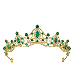 Regal gold alloy crown with emerald green crystals and white rhinestones for bridal parties