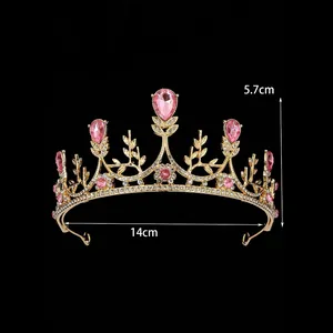 Diadema dorato di lusso con cristalli rosa e diamanti bianchi per compleanni
