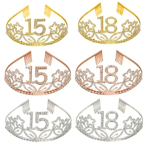 Rhinestone Number 15 18 Birthday Crown Tiara Alloy Crystal Headband Hair Accessories For Girls Women Party Decorations