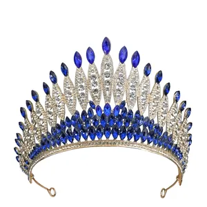 Detail of silver bridal crown with deep blue and white crystals for pageant and wedding