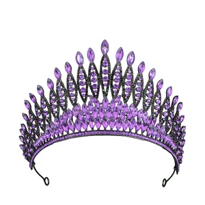 Macro detail of Baroque bridal tiara with purple crystals and black metal base craft