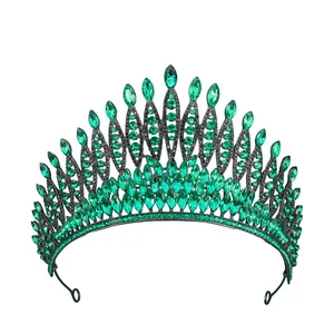 Baroque bridal crown with emerald green crystals and black rhinestones in dark metal