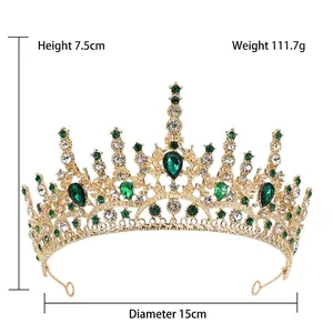 Gold Baroque bridal crown with emerald green gems, 7.5cm height and 15cm diameter