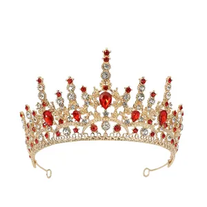 Golden Baroque bridal crown with red teardrop rhinestones for wedding and party