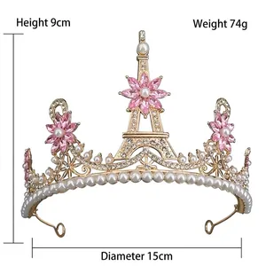 Baroque Eiffel Tower bridal crown with pink flowers, white rhinestones and pearls