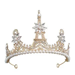 Baroque golden bridal crown with Eiffel Tower design, pearls and rhinestones