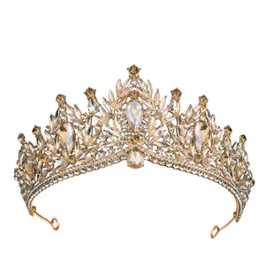 Luxury Baroque bridal crown with champagne crystals and gold metal leaf design