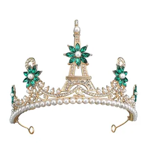 Baroque Eiffel Tower Crown Wedding Tiara Gold Alloy Rhinestone Artificial Pearl Bridal Hair Accessories For Birthday Party Women