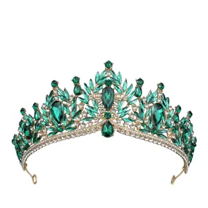 Luxurious baroque gold crown with emerald green waterdrop rhinestones for bridal weddings