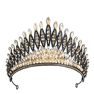 Baroque bridal crown with vintage champagne rhinestones and dark metal finish