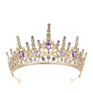 Golden Baroque bridal tiara with purple teardrop crystals and sparkling rhinestones