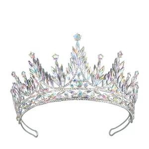 Couronne de mariée argentée avec cristaux AB scintillants en forme de feuilles marquises