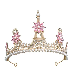 Baroque golden bridal crown with pearls and pink crystals in Eiffel Tower design