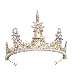 Golden Baroque bridal tiara with Eiffel Tower design, pearls and rhinestones