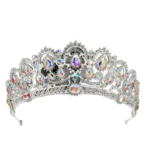 Luxurious European bridal crown with silver frame and colorful AB rhinestones for weddings