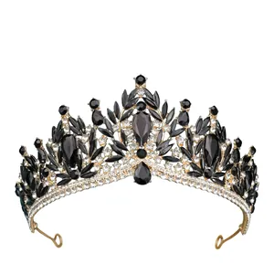Luxury Baroque gold crown with black crystals and sparkling rhinestones for bridal wear