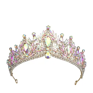 Macro shot of luxury gold tiara with colorful AB crystals and sparkling rhinestones