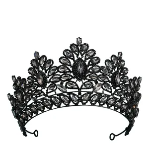 Tiara da sposa vintage con strass neri e raffinati dettagli in cristallo a goccia