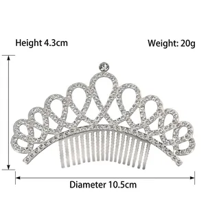 Sparkling crystal princess crown hair comb for girls with silver alloy and rhinestones