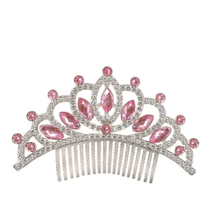 Sparkling silver crown hair comb with pink crystals and rhinestones for girl parties