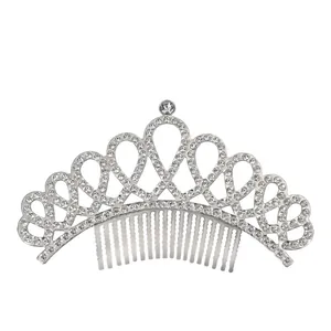 Silver Alloy Princess Crown Hair Comb For Girls Crystal Rhinestone Tiara For Birthday Party Performance Wedding Jewelry
