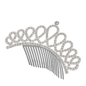 Elegant silver crystal tiara hair comb with sparkling rhinestones for girls
