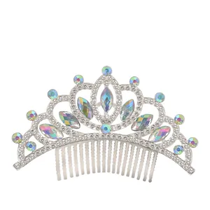Detailed macro view of silver tiara hair comb with AB rhinestones and colorful crystals