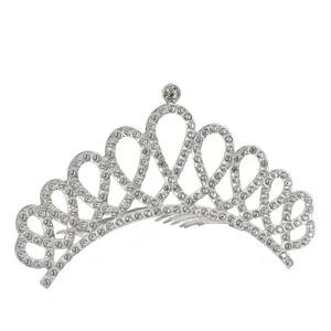 Elegant silver crystal princess crown hair comb for girls birthday party and performance