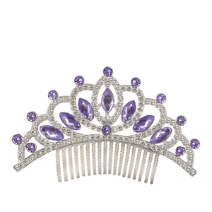 Detailed macro view of purple rhinestones and silver alloy hair comb crown for girls