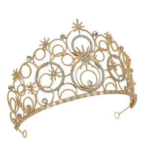 Elegant gold bridal tiara with geometric circular hollow design and shimmering crystals