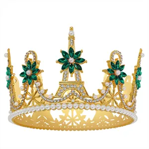Vintage Baroque Eiffel Tower Bridal Crown Tiara Pearl Rhinestone Gold Silver Alloy Hair Accessory For Wedding Party Women Jewelry