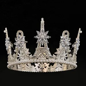Silver bridal crown with Eiffel Tower motif, sparkling rhinestones and white pearls