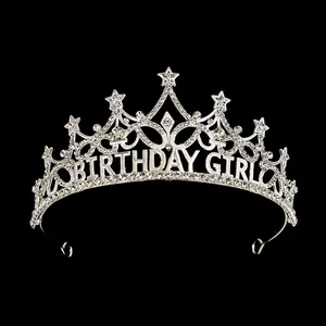 Diadème Birthday Girl argenté avec cristaux et étoiles pour fête d'anniversaire