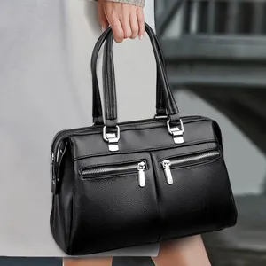 Women Retro Litchi Texture Cowhide Handbag Large Capacity Multi-Pocket Shoulder Tote Bag Office Commute Fashion Leather