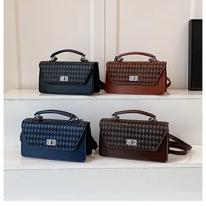 Sac à Main Vintage en Cuir PU à Motif de Losange pour Femmes Petit Sac Carré à Bandoulière Mode avec Serrure en Métal